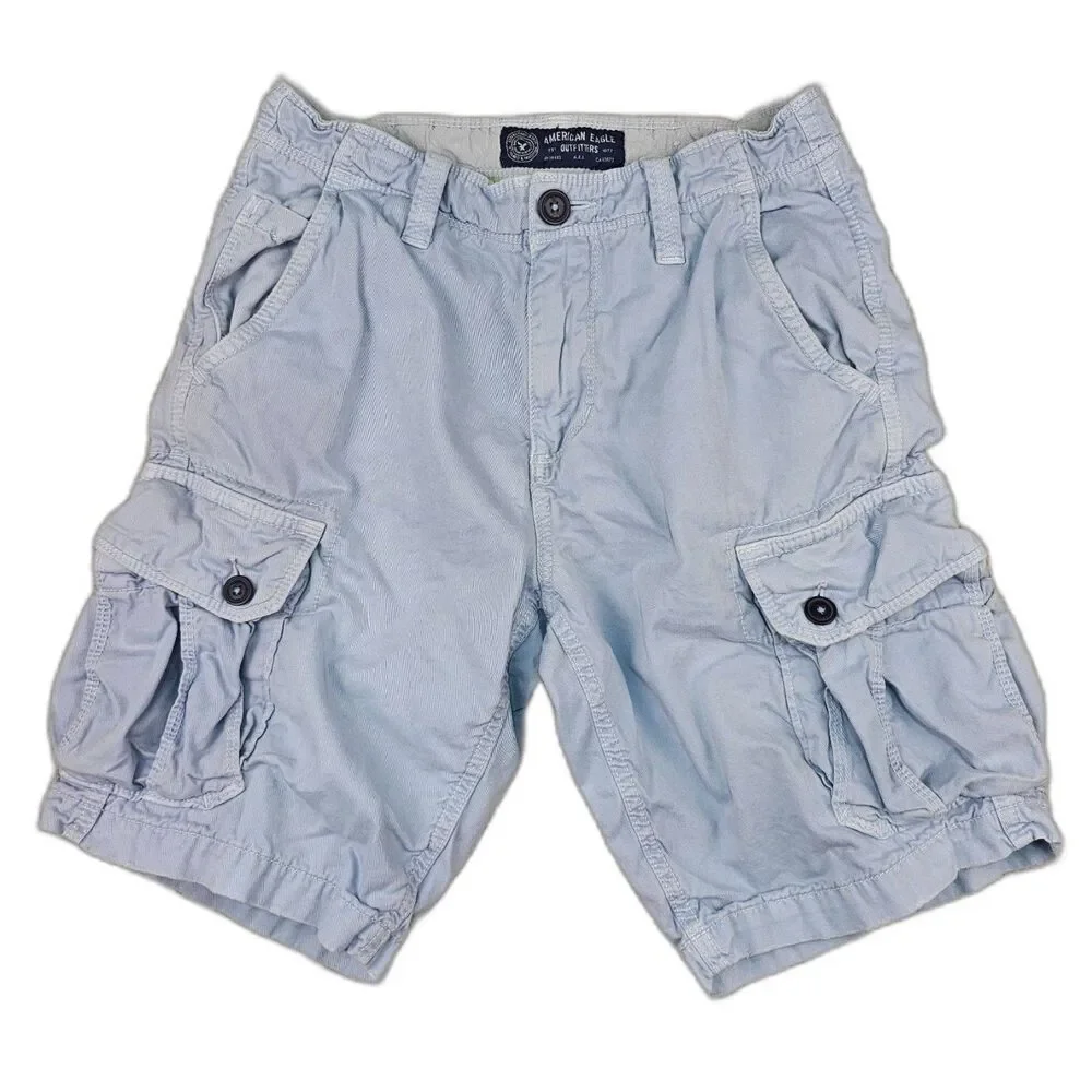 American Eagle Mens 28 Light Blue Seersucker Cargo Shorts Y2K Utility